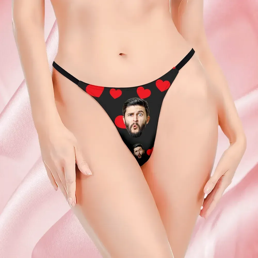 Custom Face Women's Thongs Red Heart Style Underwear, Birthday Gifts for Wife and Girlfriend