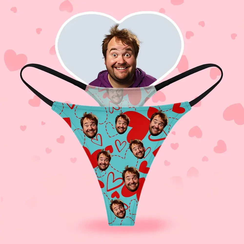 Custom Face Women's Thongs Heart Style Underwear, Birthday Gifts for Wife and Girlfriend