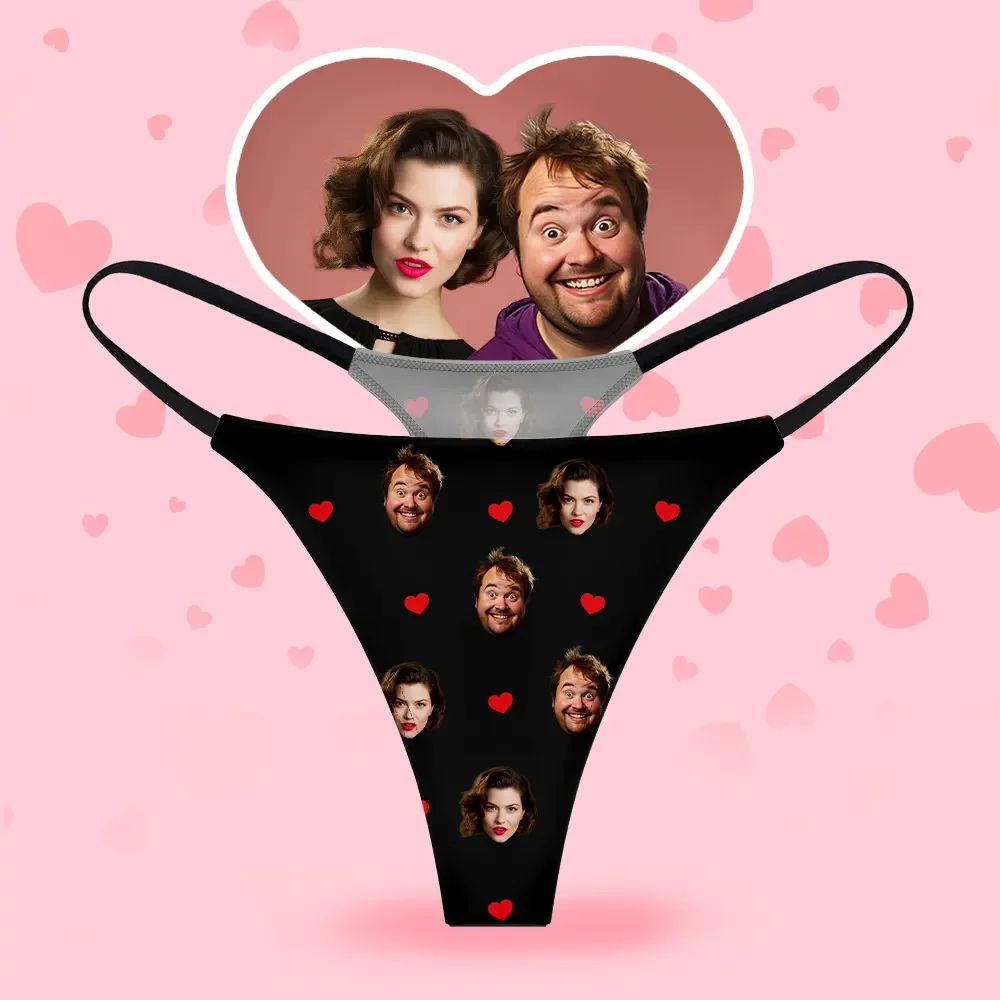 Custom Face Women's Thongs Heart Style Underwear, Birthday Gifts for Wife and Girlfriend