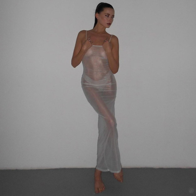 Silver Mesh Slim-Fit Spaghetti-Strap Dress