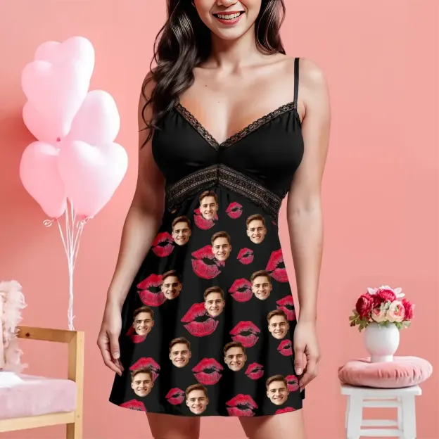 Custom Face Women Lace Suspender Sleepwear Personalized Lips V-neck Multi-Color Nightwear