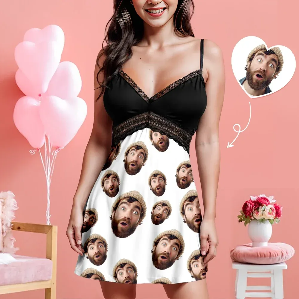 Custom Face Women Lace Suspender Sleepwear Personalized V-neck Multi-Color Nightwear