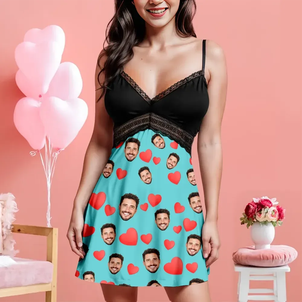 Custom Face Women Lace Suspender Sleepwear Personalized Heart V-neck Multi-Color Nightwear