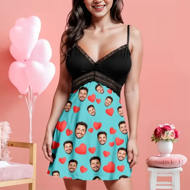 Custom Face Women Lace Suspender Sleepwear Personalized Heart V-neck Multi-Color Nightwear