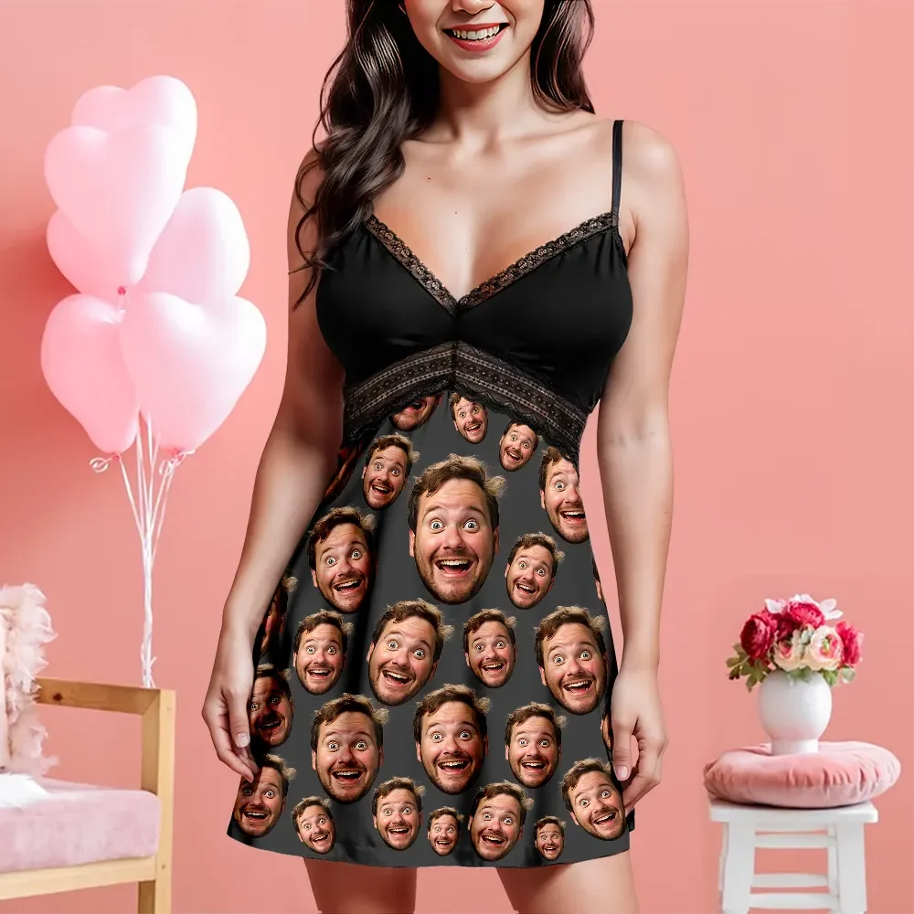 Custom Face Women Lace Suspender Sleepwear Personalized V-neck Multi-Color Nightwear