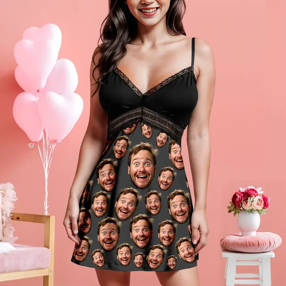 Custom Face Women Lace Suspender Sleepwear Personalized V-neck Multi-Color Nightwear