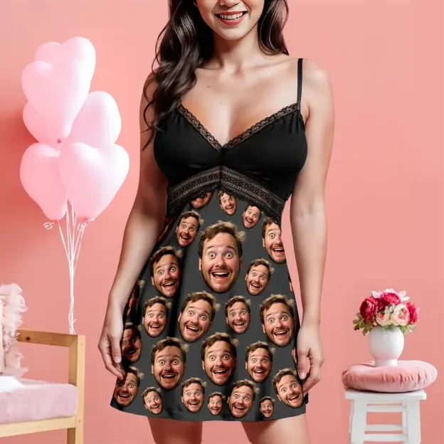 Custom Face Women Lace Suspender Sleepwear Personalized V-neck Multi-Color Nightwear