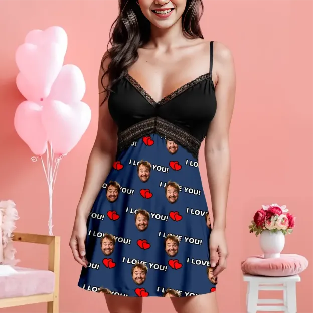 Custom Face Women Lace Suspender Sleepwear I Love You Personalized V-neck Multi-Color Nightwear