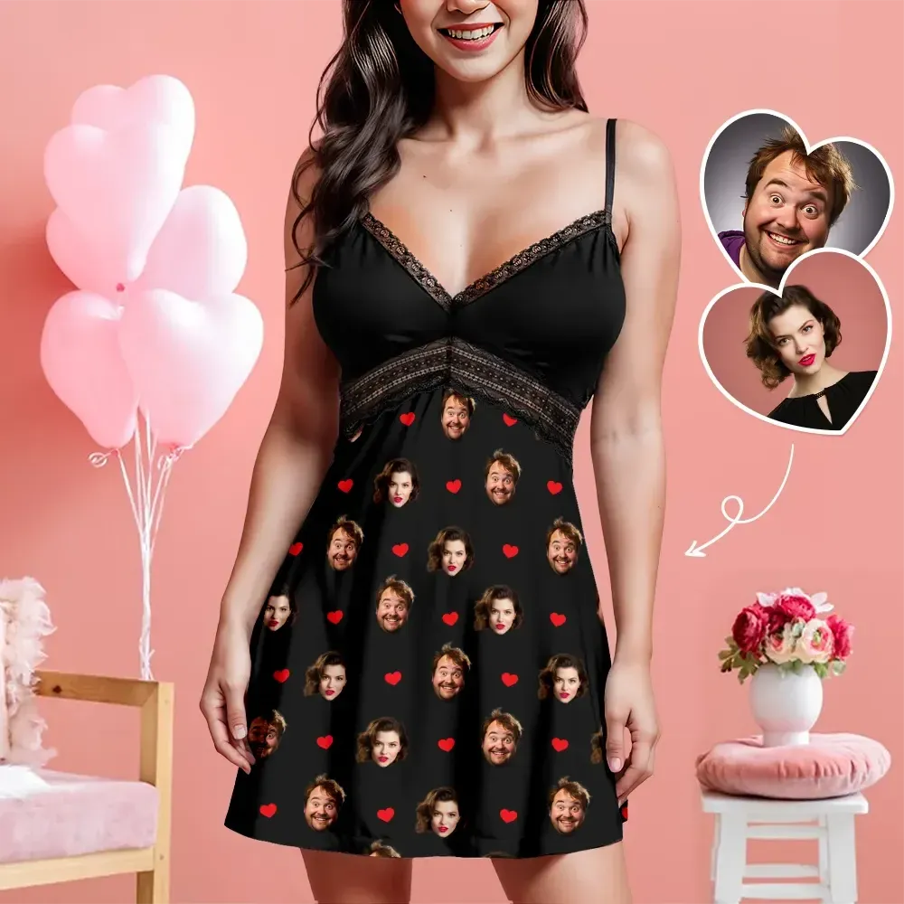 Custom Face Women Lace Suspender Sleepwear Heart Personalized V-neck M