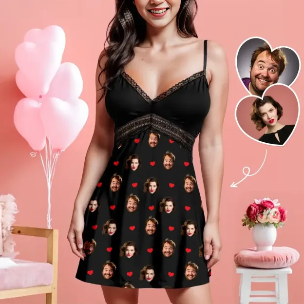 Custom Face Women Lace Suspender Sleepwear Heart Personalized V-neck Multi-Color Nightwear