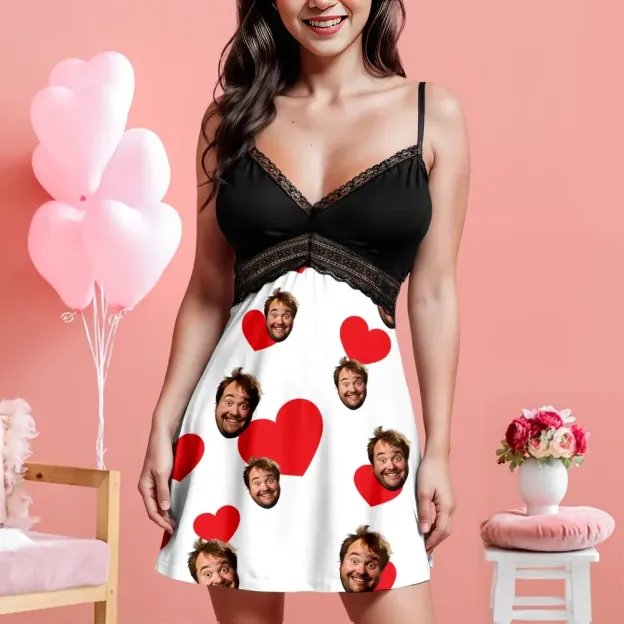 Custom Face Women Lace Suspender Sleepwear Heart Personalized V-neck Multi-Color Nightwear