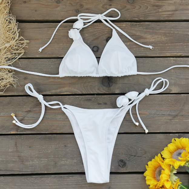 Thin-strapped triangle split swimsuit