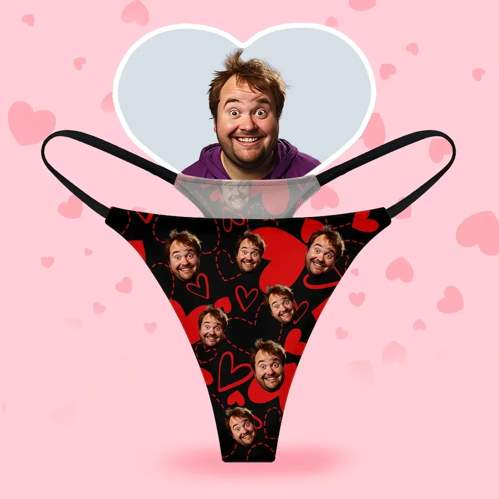 Custom Face Women's Thongs Heart Style Underwear, Birthday Gifts for Wife and Girlfriend