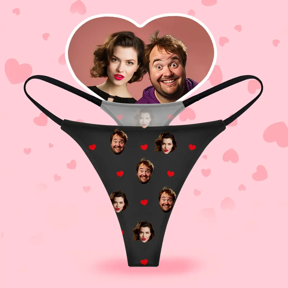 Custom Face Women's Thongs Heart Style Underwear, Birthday Gifts for Wife and Girlfriend