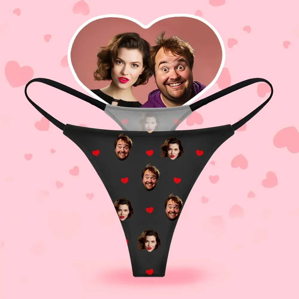 Custom Face Women's Thongs Heart Style Underwear, Birthday Gifts for Wife and Girlfriend