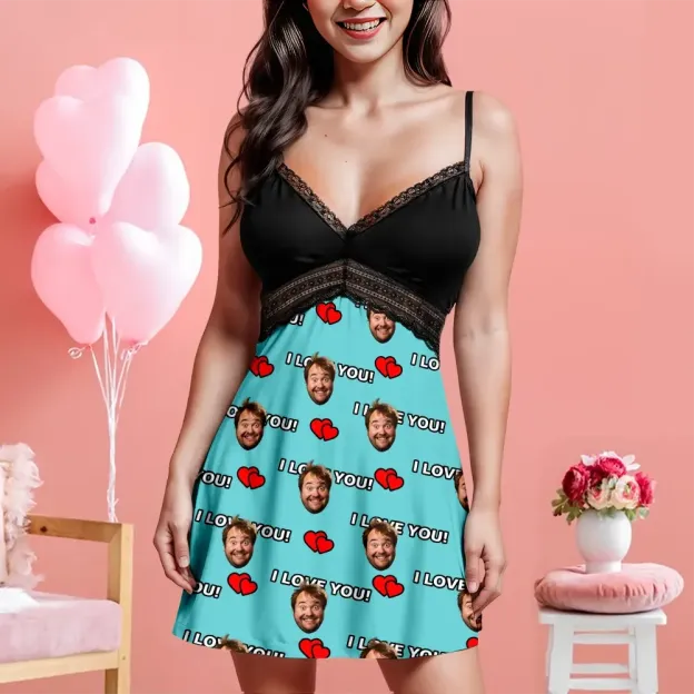 Custom Face Women Lace Suspender Sleepwear I Love You Personalized V-neck Multi-Color Nightwear