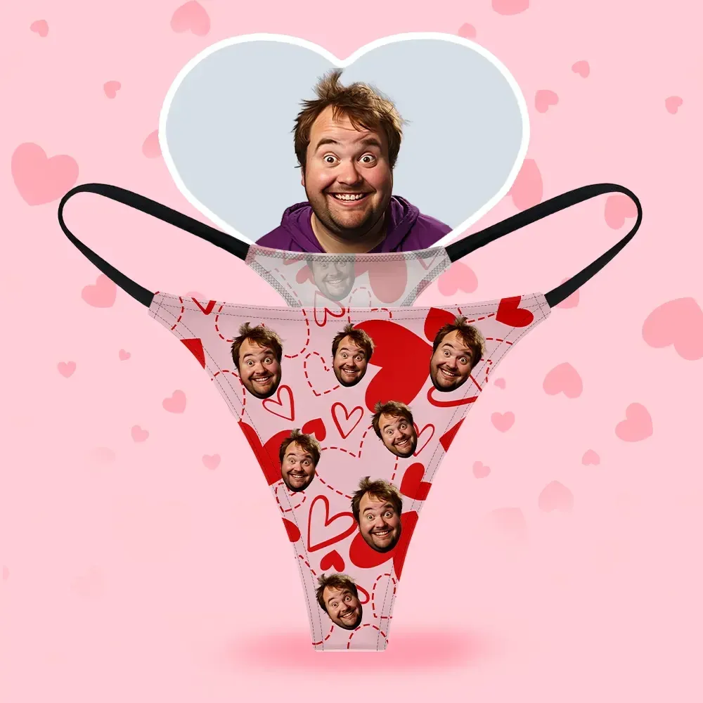 Custom Face Women's Thongs Heart Style Underwear, Birthday Gifts for Wife and Girlfriend