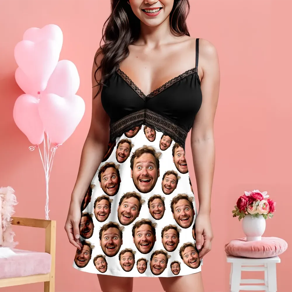 Custom Face Women Lace Suspender Sleepwear Personalized V-neck Multi-Color Nightwear