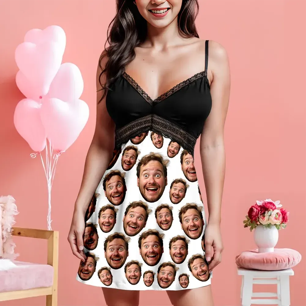 Custom Face Women Lace Suspender Sleepwear Personalized V-neck Multi-Color Nightwear