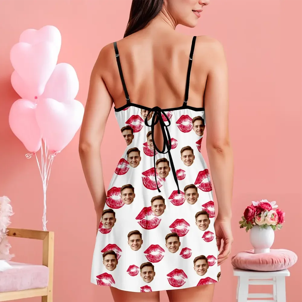 Custom Face Women Lace Suspender Sleepwear Personalized Lips V-neck Multi-Color Nightwear