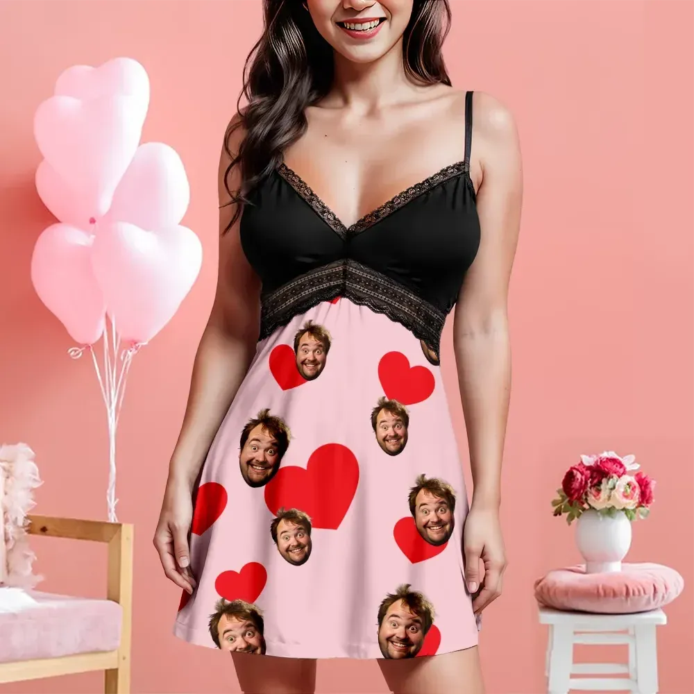 Custom Face Women Lace Suspender Sleepwear Heart Personalized V-neck Multi-Color Nightwear