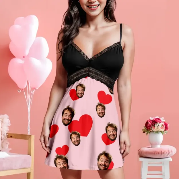 Custom Face Women Lace Suspender Sleepwear Heart Personalized V-neck Multi-Color Nightwear