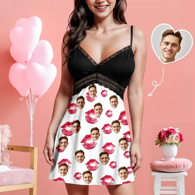 Custom Face Women Lace Suspender Sleepwear Personalized Lips V-neck Multi-Color Nightwear
