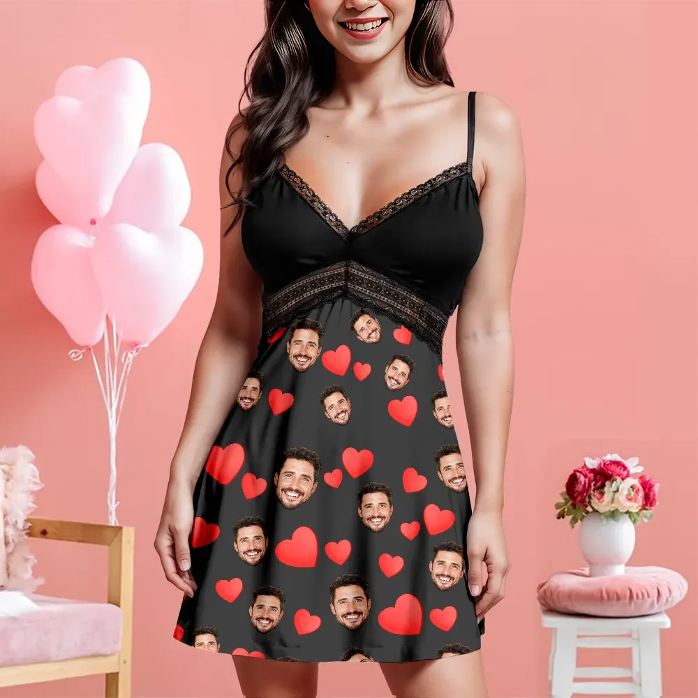 Custom Face Women Lace Suspender Sleepwear Personalized Heart V-neck Multi-Color Nightwear