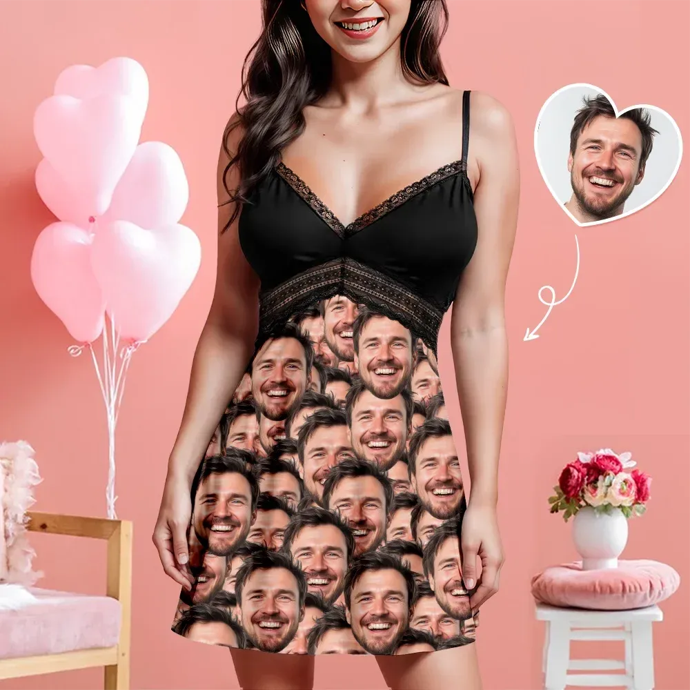 Custom Face Women Lace Suspender Sleepwear Heart Personalized V-neck Multi-Color Nightwear