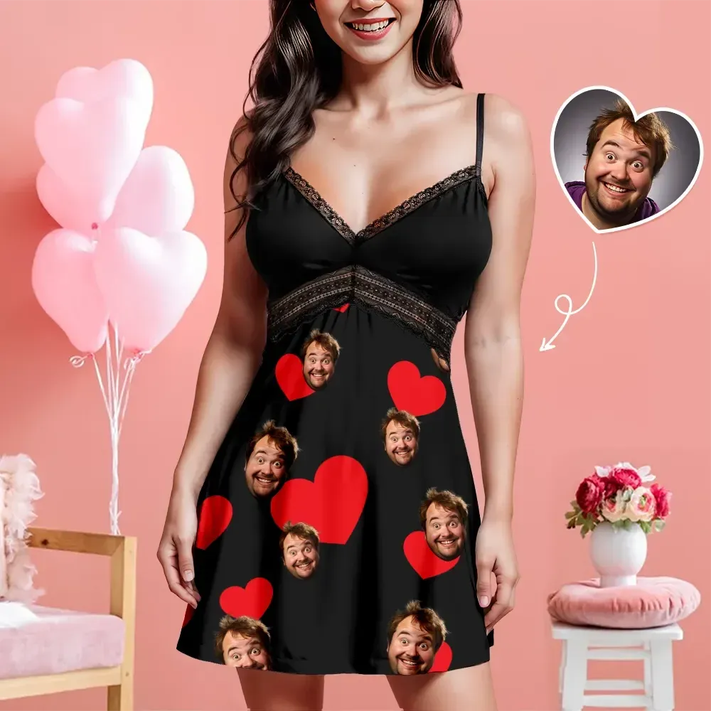 Custom Face Women Lace Suspender Sleepwear Heart Personalized V-neck M