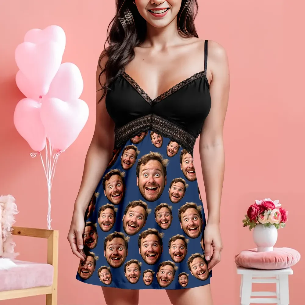 Custom Face Women Lace Suspender Sleepwear Personalized V-neck Multi-Color Nightwear