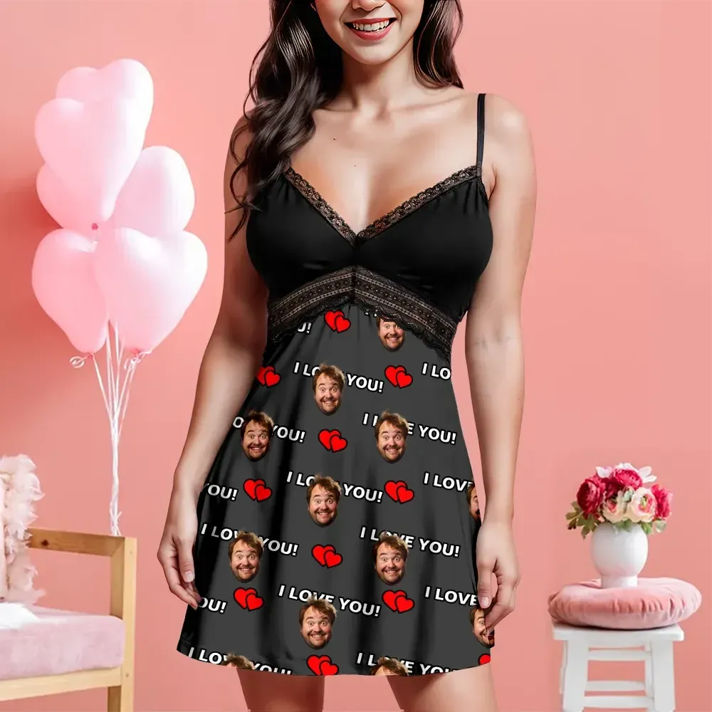 Custom Face Women Lace Suspender Sleepwear I Love You Personalized V-neck Multi-Color Nightwear