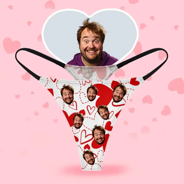 Custom Face Women's Thongs Heart Style Underwear, Birthday Gifts for Wife and Girlfriend