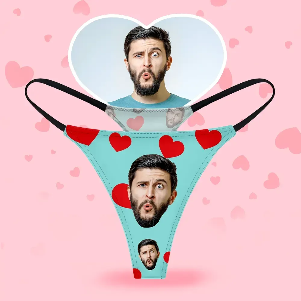 Custom Face Women's Thongs Red Heart Style Underwear, Birthday Gifts for Wife and Girlfriend