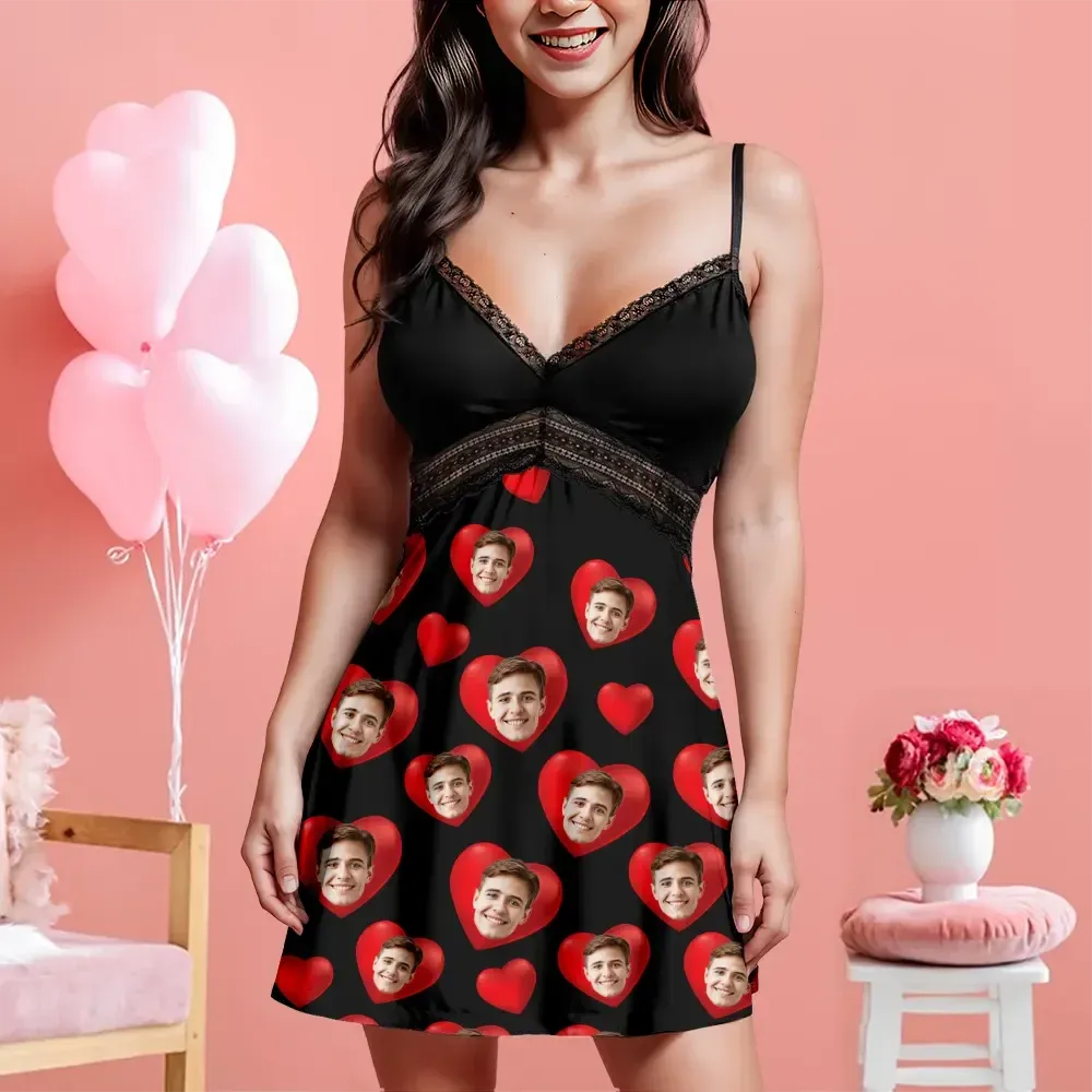 Custom Face Women Lace Suspender Sleepwear Personalized Heart V-neck Multi-Color Nightwear