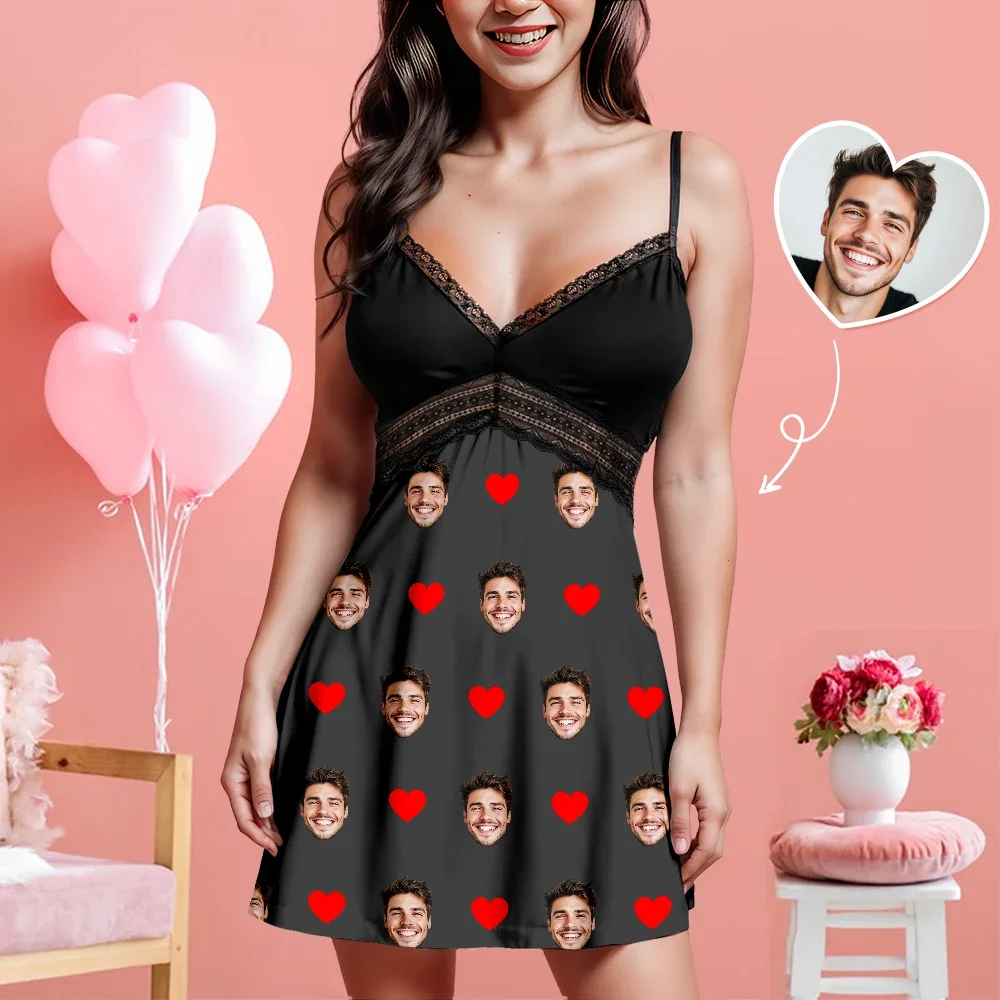 Custom Face Women Lace Suspender Sleepwear Personalized V-neck Multi-Color Nightwear