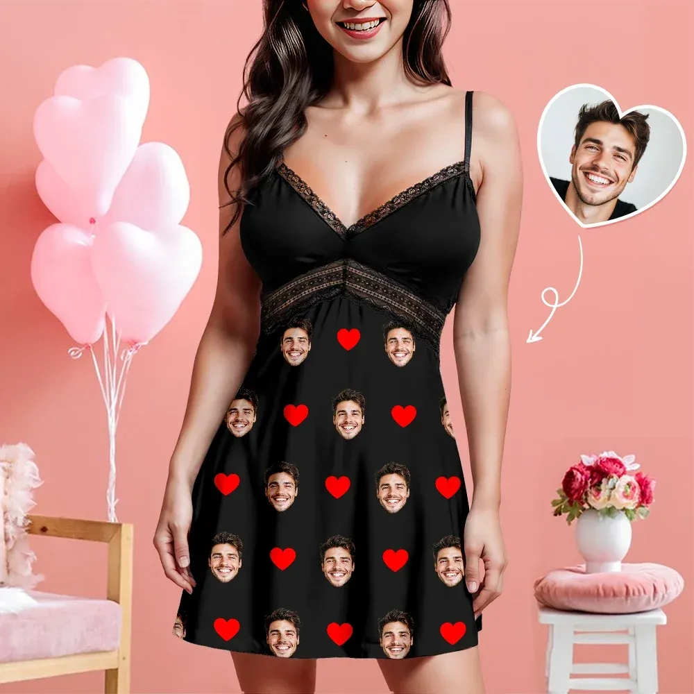 Custom Face Women Lace Suspender Sleepwear Personalized V-neck Multi-Color Nightwear