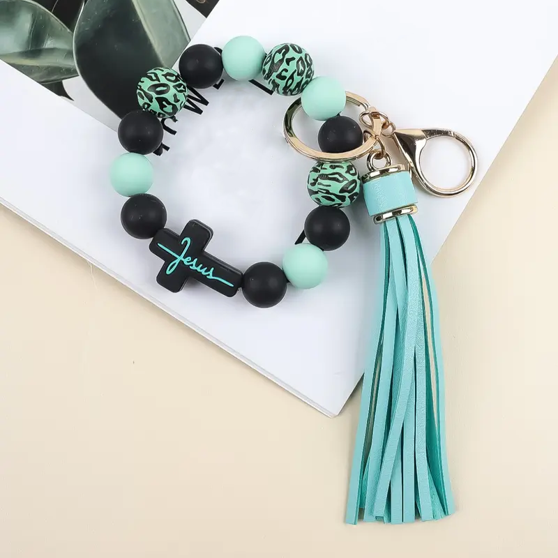 Handmade Leopard-Print, Tassel, and Beaded Keychain