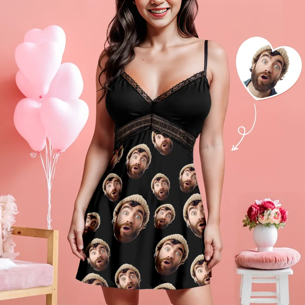 Custom Face Women Lace Suspender Sleepwear Personalized V-neck Multi-Color Nightwear