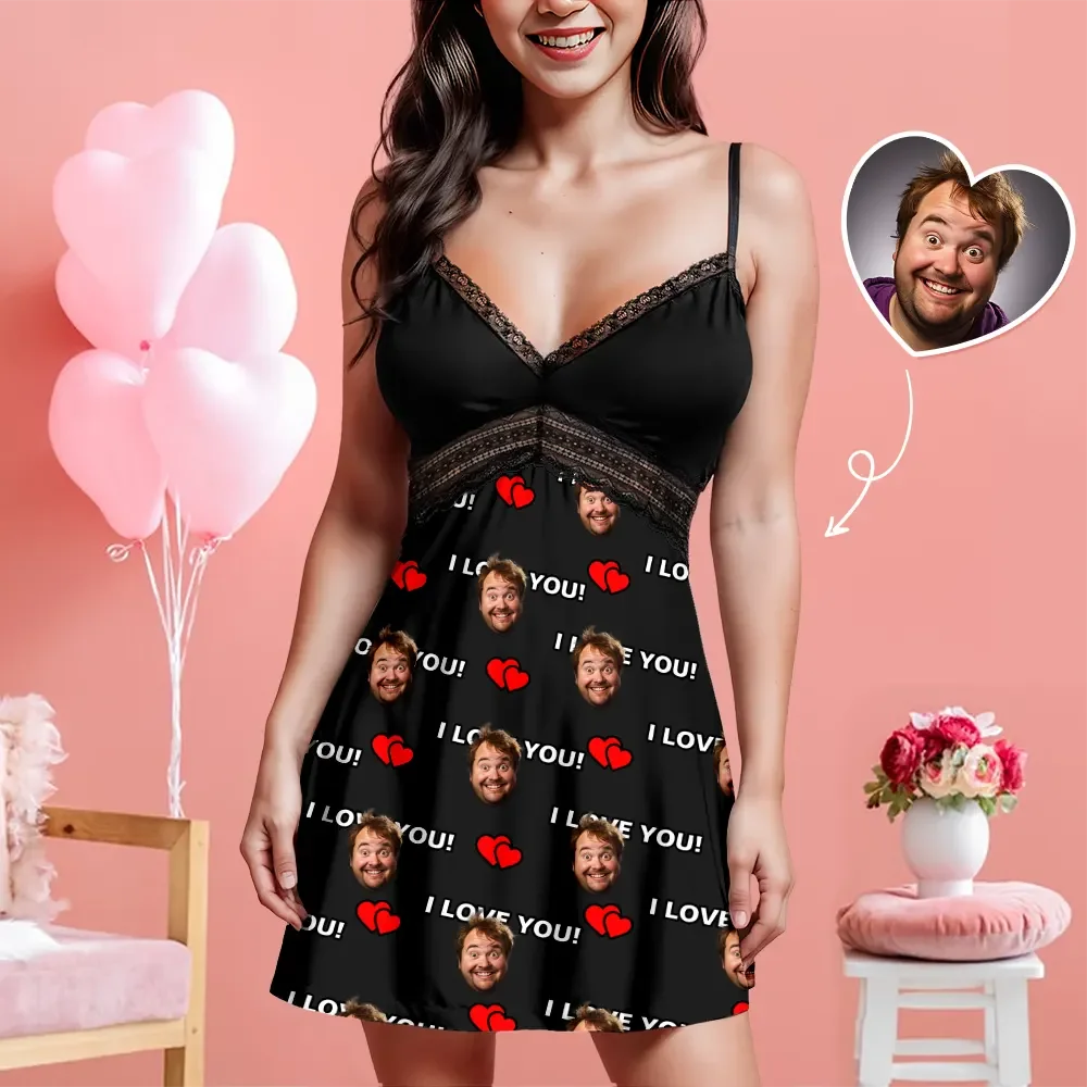 Custom Face Women Lace Suspender Sleepwear I Love You Personalized V-neck Multi-Color Nightwear