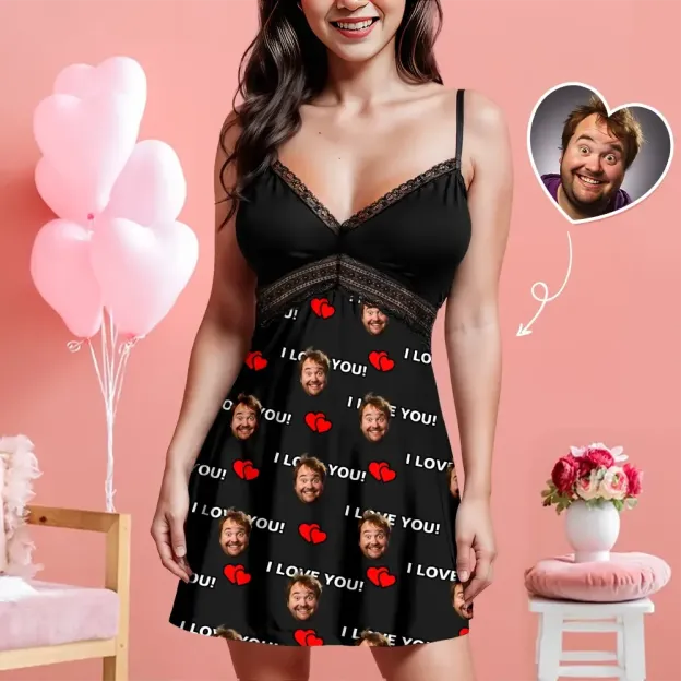 Custom Face Women Lace Suspender Sleepwear I Love You Personalized V-neck Multi-Color Nightwear