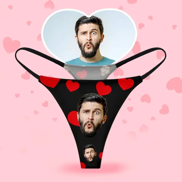 Custom Face Women's Thongs Red Heart Style Underwear, Birthday Gifts for Wife and Girlfriend