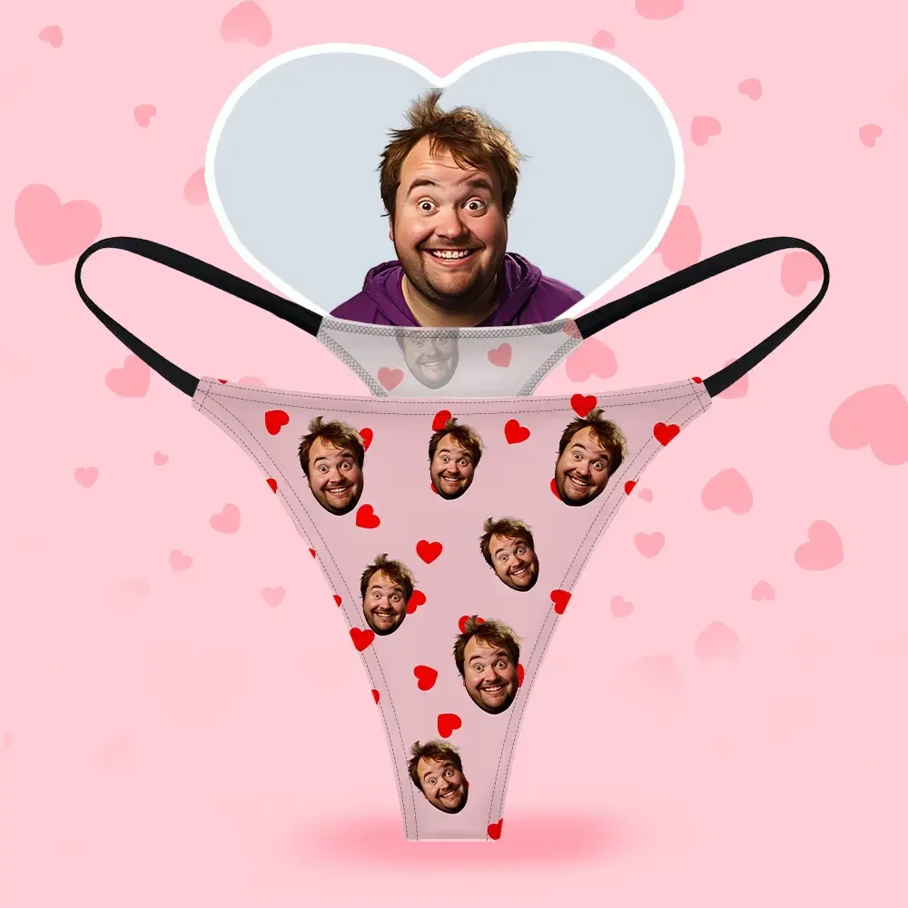 Custom Face Women's Thongs Heart Style Underwear, Birthday Gifts for Wife and Girlfriend