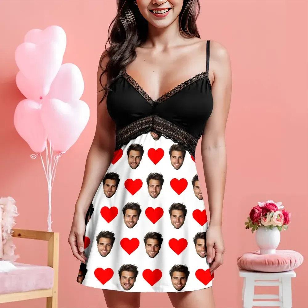 Custom Face Women Lace Suspender Sleepwear Personalized Heart V-neck Multi-Color Nightwear