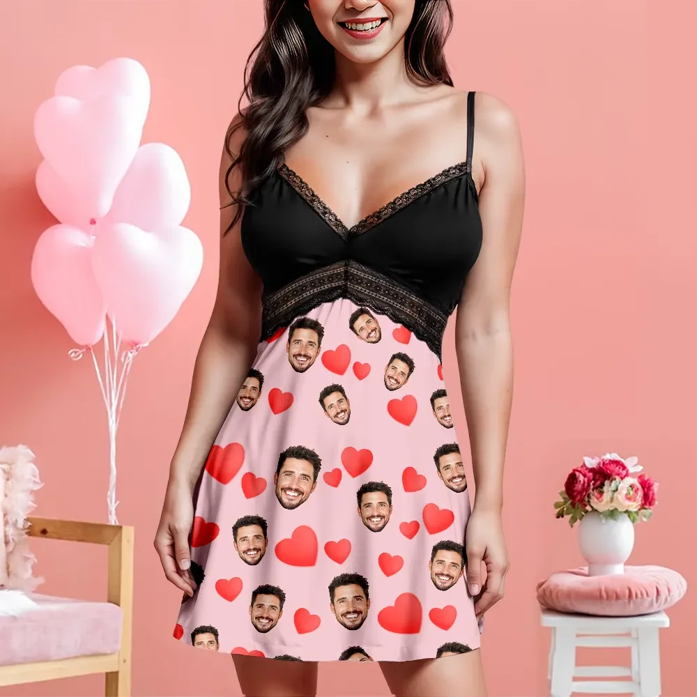 Custom Face Women Lace Suspender Sleepwear Personalized Heart V-neck Multi-Color Nightwear