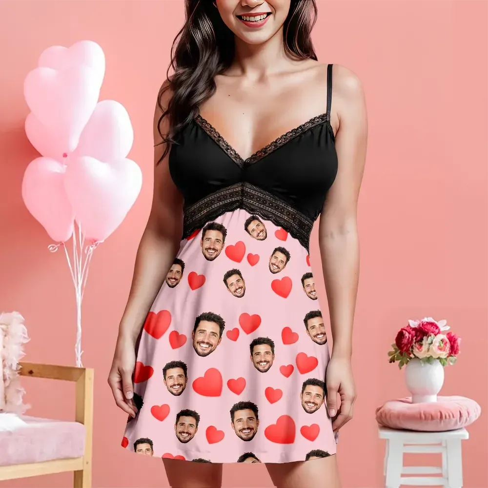 Custom Face Women Lace Suspender Sleepwear Personalized Heart V-neck Multi-Color Nightwear