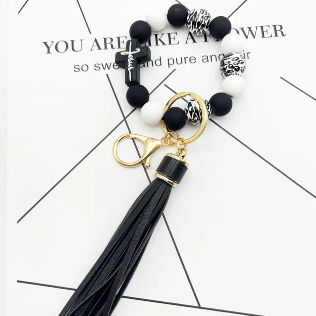 Handmade Leopard-Print, Tassel, and Beaded Keychain
