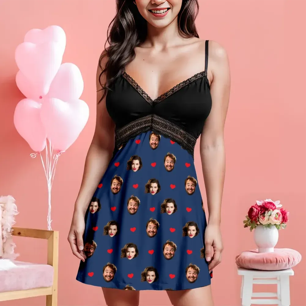 Custom Face Women Lace Suspender Sleepwear Heart Personalized V-neck Multi-Color Nightwear