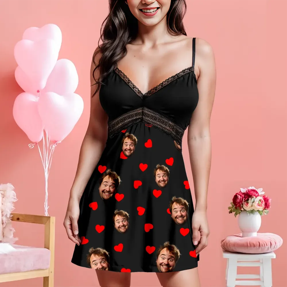 Custom Face Women Lace Suspender Sleepwear Heart Personalized V-neck Multi-Color Nightwear