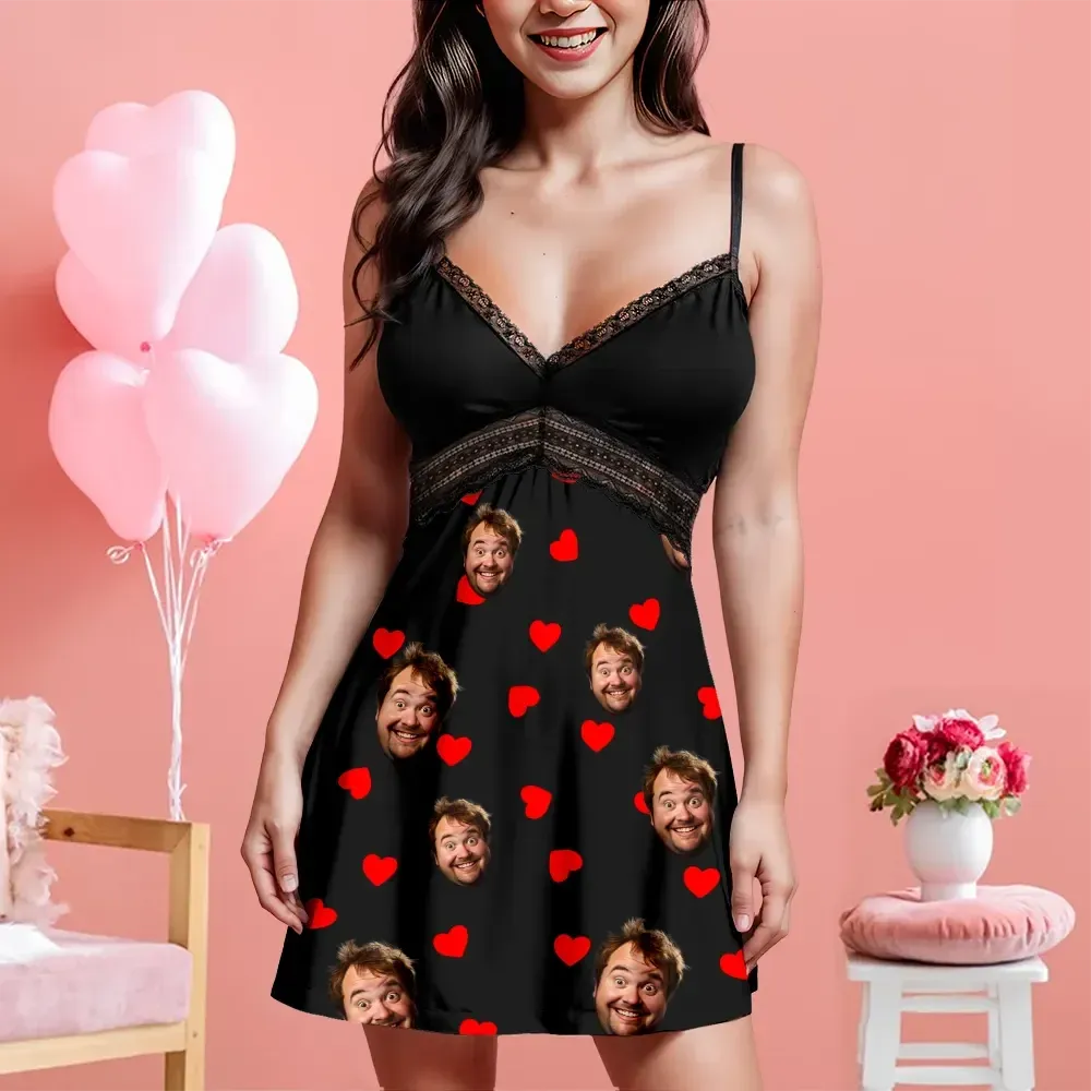 Custom Face Women Lace Suspender Sleepwear Heart Personalized V-neck Multi-Color Nightwear